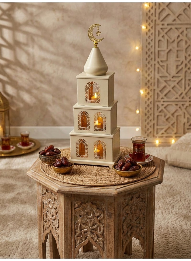 Tanseeq Beige Metal Mosque Tiered Box for Ramadan Dates and Sweets Serving Station - Islamic Home Decoration Eid Mubarak Gift Centerpiece Table Decor 3 Level Storage Container Minaret Sculpture - Image 2